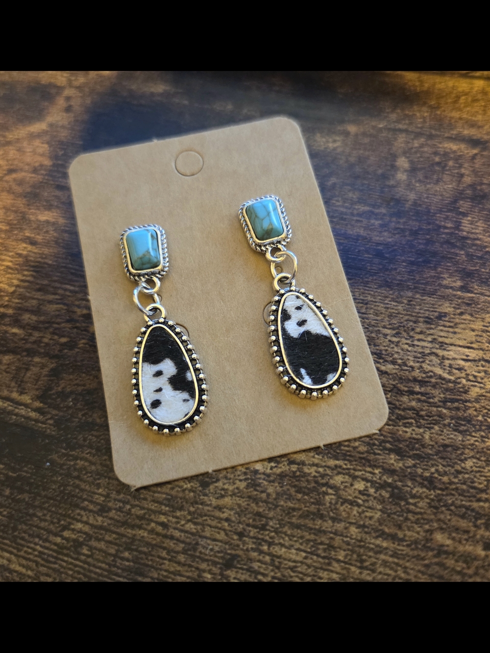 Turquoise & Black Cowhide Teardrop Dangle Earrings - Women Western Jewelry